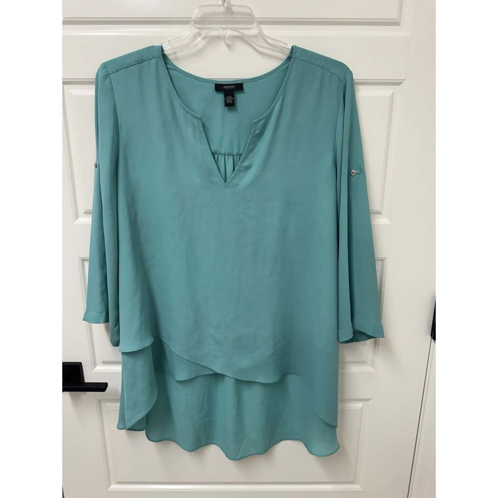 Alfani Woman Teal Flowy Blouse Tunic Hi Lo Hem Roll Tab Sleeve 20W A11